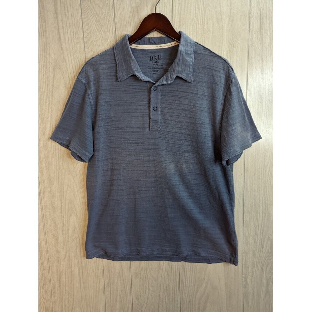 BKE Buckle Standard Fit Knit Polo Shirt Sz Large Stretch Distress Detail Blue